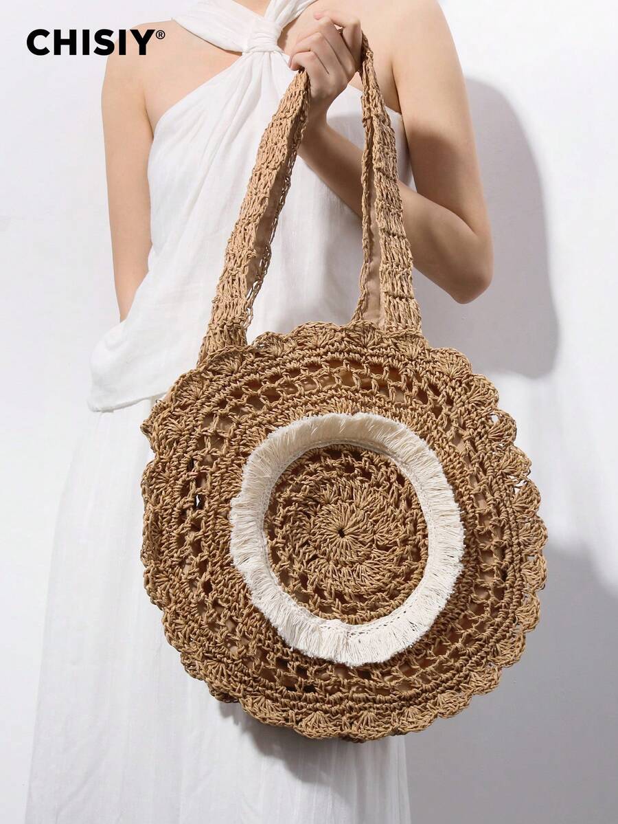 CHISIY 手工钩编镂空卡其色纤维人造皮革优雅编织手提包，复古简约大容量通勤/沙滩/学生/音乐节单肩包，适用于办公室、购物、海滩、旅行、毕业典礼、夏季 - 卡其色 - 查看 1