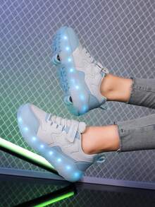 Giày trượt patin 4 bánh có thể sạc lại dành cho sinh viên, giày thể thao Unisex dành cho thanh thiếu niên có bánh xe lăn & đèn LED - Xanh và trắng - Xem 5