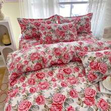4 piezas Serie de cepillado suave, Juego de ropa de cama con estampado floral lindo (1 funda nórdica, 1 sábana plana, 2 fundas de almohada), Juego de ropa de cama estampado estilo Ins cómodo y sencillo, Adecuado para dormitorio, habitación de invitados y hotel