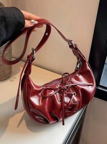 BEIKAMU Geantă de umăr elegantă pentru doamnă la modă, geantă pentru subrat cu design cu șireturi, geantă de cruce cu curea reglabilă, geantă la modă Bordeaux