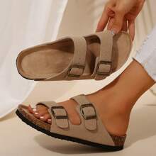 Comfy Women's Slide Sandals With,Adjustable Buckle Straps,And Slip-On Design. Features A Cork Footbed For Extra Comfort! - Brown - View 1