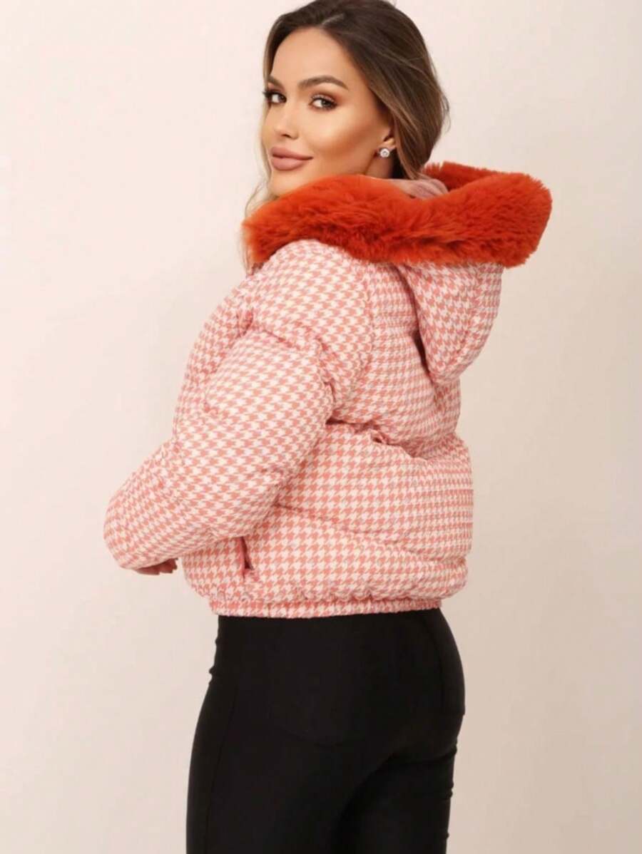 Women's Short Lined Puffer Jacket With Removable Hood - 橘色 - 查看 1
