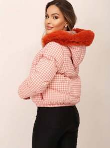 Women's Short Lined Puffer Jacket With Removable Hood - 橘色 - 查看 3