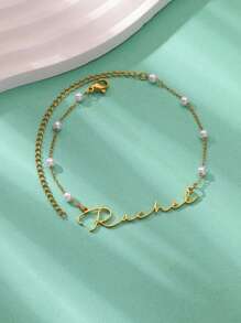 1 件个性化任意签名名字珍珠手链，适合男女定制名字珍珠链手链不锈钢镀名珠宝婚礼生日礼物