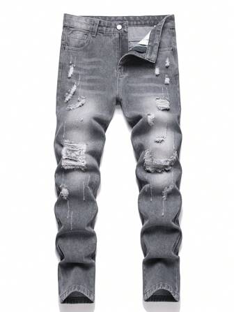 Teen Boy Distressed Dark Grey Straight Leg Jeans