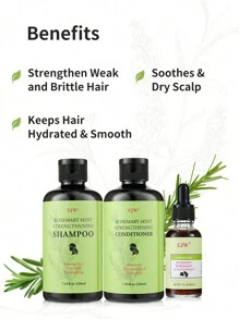 Conjunto para Cuidados com o Cabelo 3 peças, Shampoo Orgânico de Alecrim e Hortelã, Condicionador e Óleo Essencial para o Couro Cabeludo, Limpa e Ajuda no Fortalecimento dos Cabelos Fracos e Quebradiços