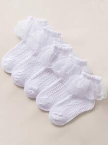 5双装女童袜子/校袜，白色休闲荷叶边袜，可爱蕾丝边袜，亲肤柔软时尚公主袜，百搭舒适中筒袜，适合返校、日常穿着、节日礼物 - 白色 - 查看 6