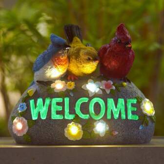 Bird Family Sculpture With Solar Lights, Garden Welcome Sign, Outdoor Lawn/Home Window Decorations, Patio/Balcony/Courtyard Art/Lawn Decorations , Home Bird Garden, Gifts For Bird Lovers