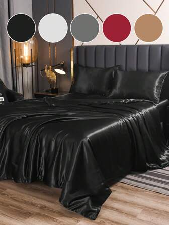 3/4pcs Satin Bed Sheet Set, Bedding Set, Fitted Sheet Set, Solid Color Sheets Set, Soft And Silky Comfortable Mattress Cover Set, Breathable Mattress Protector Set, For Bedroom, Guest Room, Hotel, For Queen King Twin All Size, Cover For Mattress Protector And Mattress Topper, Dustproof, Machine Washable, Ideal Easter Gift, For Independence Day Gift, Perfect Holiday Gift,