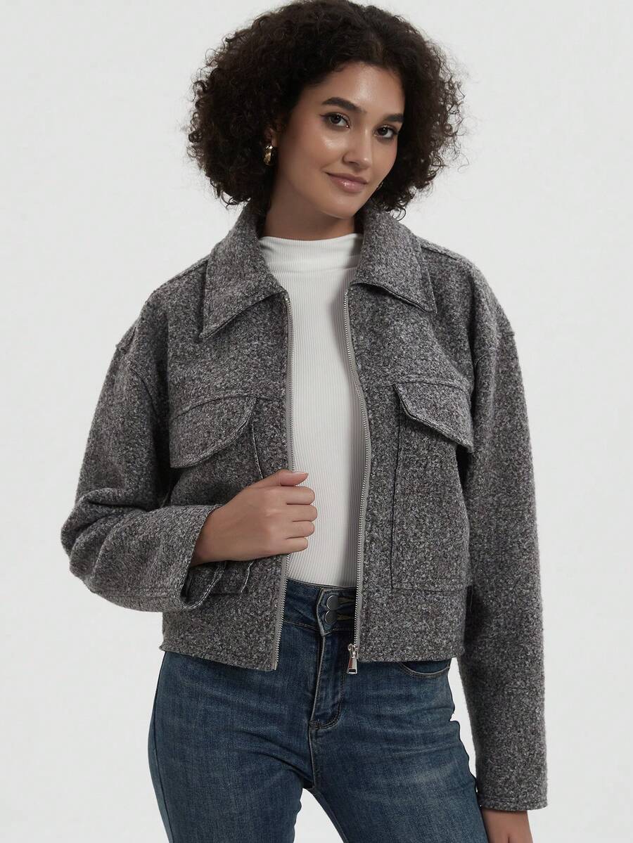 Women's Autumn/Winter Turn-Down Collar Long Sleeve Woolen Short Zipper Jacket Coat - Grey - View 1