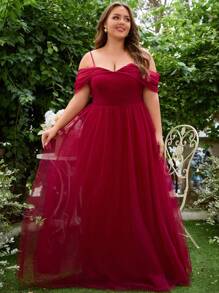Plus Cold Shoulder Mesh Overlay Prom Dress