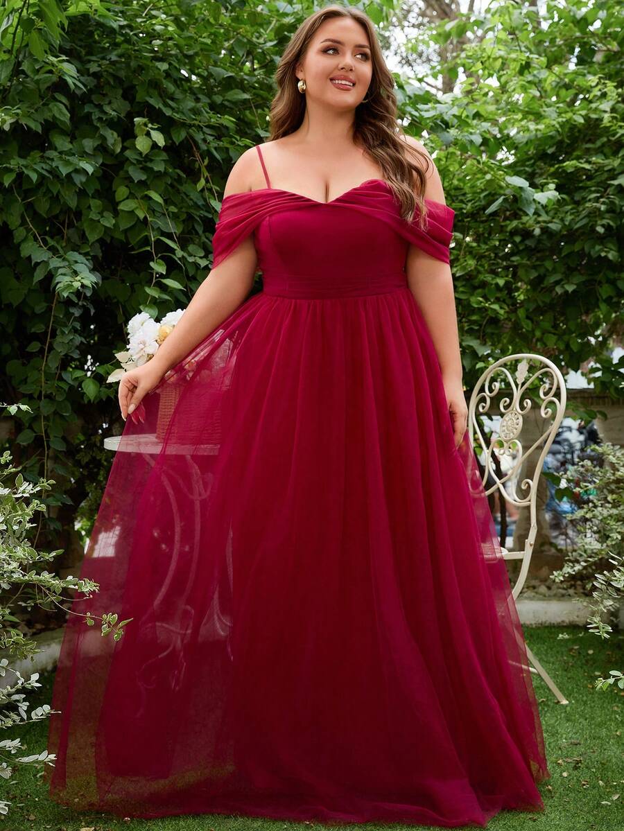 Plus Cold Shoulder Mesh Overlay Prom Dress