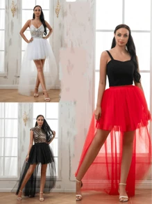 百搭新款薄纱芭蕾短裙，不对称前短后长蓬松裙，适合舞会 - 彩色 - 查看 1