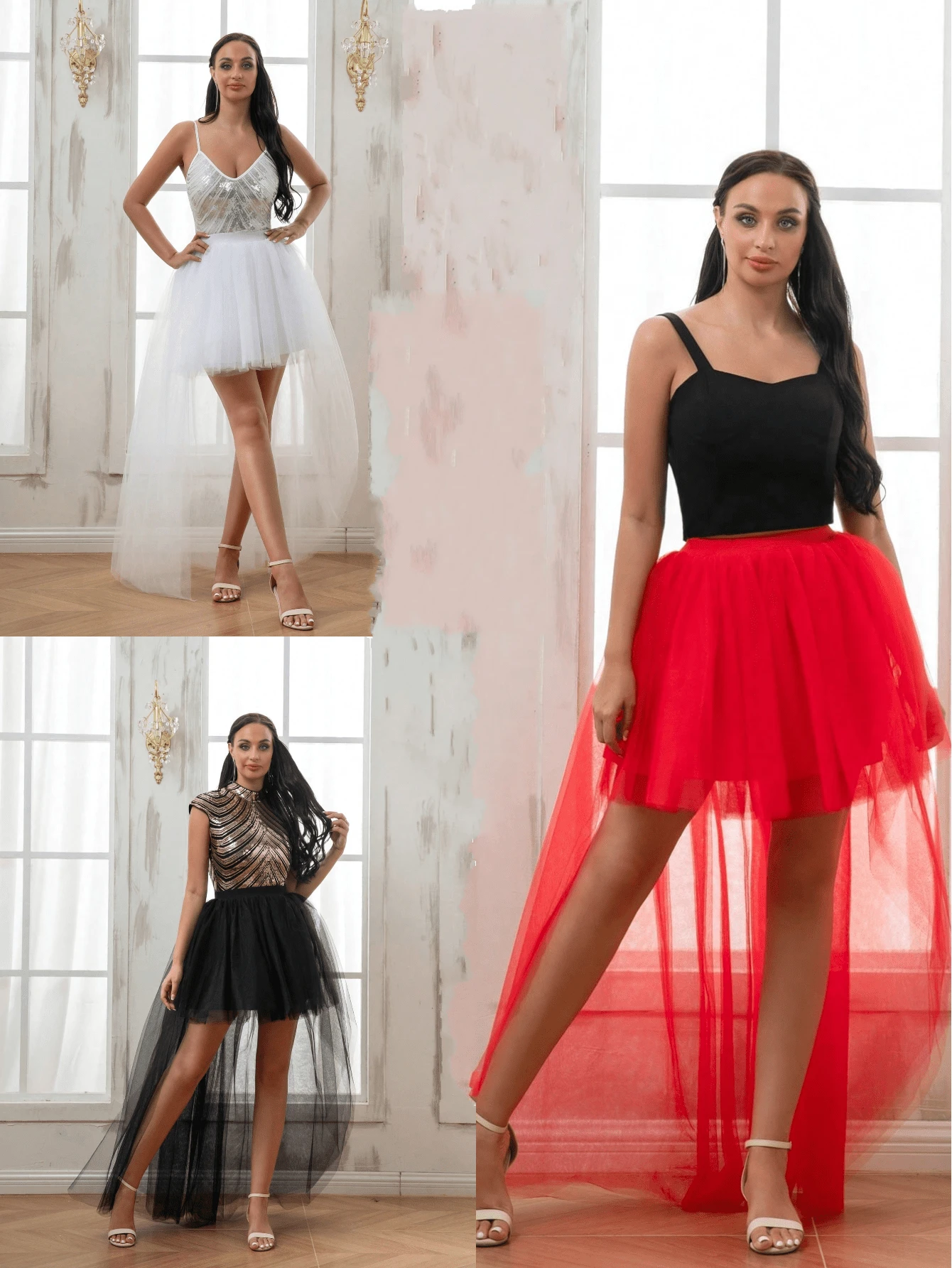 百搭新款薄纱芭蕾短裙，不对称前短后长蓬松裙，适合舞会 - 彩色 - 查看 1