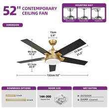 52 Inch Modern Ceiling Fan With Light And Wall Switch Remote, Quiet Reversible Motor, Dimmable Fan With Light For Bedroom Living Room Patio Indoor - 黑色 - 查看 3