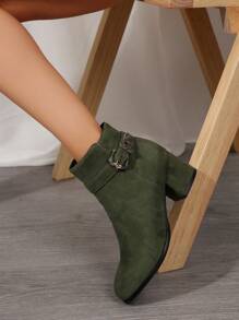 秋冬新款女士踝靴短靴，粗跟圆头绒面时尚女靴，金属扣带时尚百搭舒适高跟鞋，女靴 - 綠色 - 查看 2