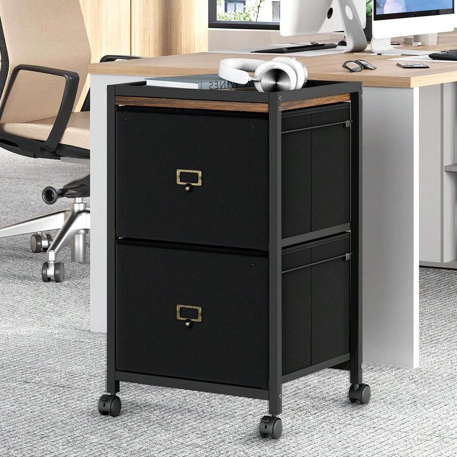 File Cabinet,Vertical Mobile Filing Cabinet Fits A4 Or Letter Size,File Cabinet With 4 Drawer,Fabric Vertical File Cabinet On Wheels,Home Office Small Under Desk Storage Cabinet, Black - đen-2 ngăn kéo - Xem 1