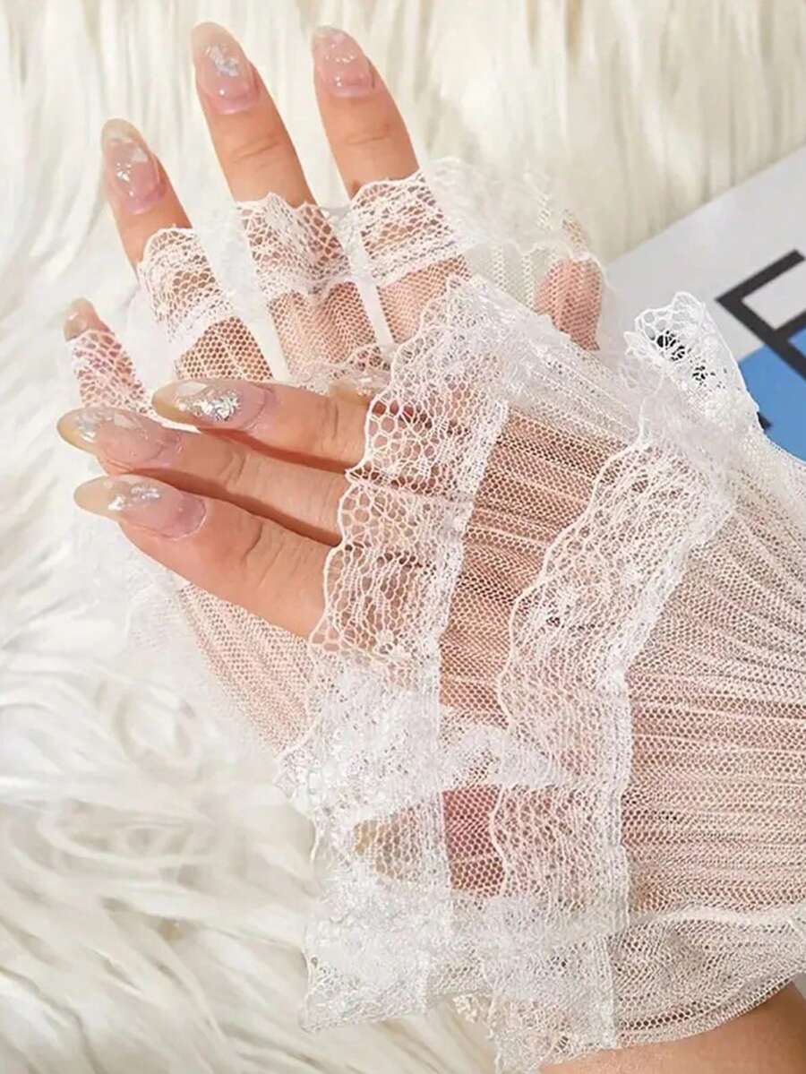 MAOMIA 1 Pair Of Elegant Lace Pleated Cuffs Nail Art Gloves, Nail Art Photography Props, Bridal False Sleeves With Delicate Trim Details - Multicolor - View 1