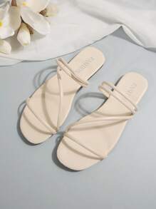 时尚女士拖鞋 - 轻便透气，露趾平底，休闲夏季鞋，配有舒适鞋垫和可调节绑带，方便行走，适合海滩装扮 - 米色 - 查看 3