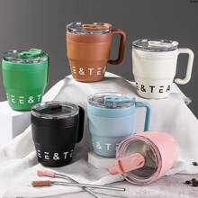 1 pieza Taza de café portátil de 16oz/480ml con asa y pajita, taza de café de doble capa aislada al vacío de acero inoxidable para uso en campamentos al aire libre, hogar y oficina