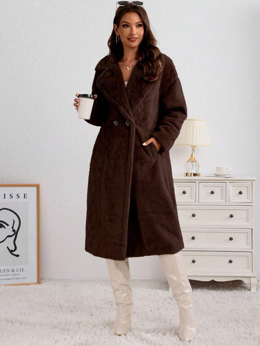 Abrigo Mullido Para Mujer Con Solapas Grandes Y Botones,Abrigos de Pieles Unicolor Moda Y Cálido En Invierno. - Marrón - Ver 1