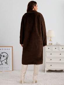 Abrigo Mullido Para Mujer Con Solapas Grandes Y Botones,Abrigos de Pieles Unicolor Moda Y Cálido En Invierno. - Marrón - Ver 2