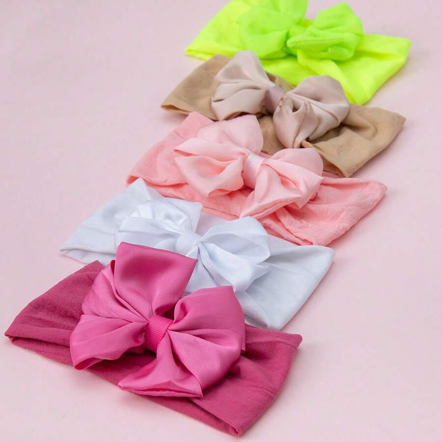 Girls' Satin Bow Nylon Headband, Solid Bright Color Soft Elastic Hair Accessories For Kids Spring Summer
