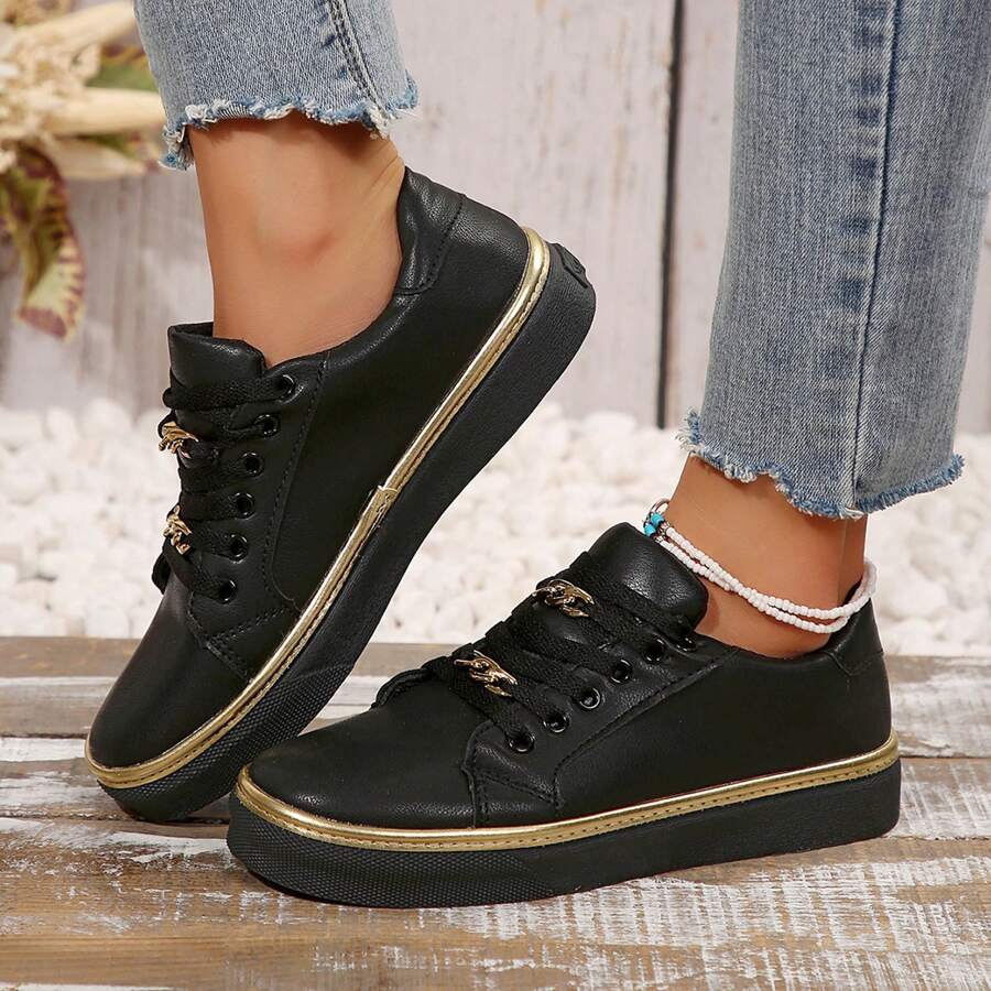 Stylish And Comfortable Women's Low Top Canvas  -Casual Sneaker With Anti-Slip Sole And Round Toe Flat Bottom Design - 黑色 - 查看 1