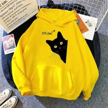 Men's Black Cat Hoodie Fashion Loose Sweatshirts Unisex Thicken Prints High Quality Pullover Street Warm Sportswear - 黃色 - 查看 1