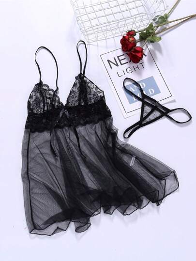 Contrasted Kanten Semi Doorschijnende Lingerie Set, Asymmetrical Hem Bowknot Spaghetti Dress Thong, Verleidelijke Nightwear Women, Rave Going Out view 2