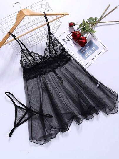 Contrasted Kanten Semi Doorschijnende Lingerie Set, Asymmetrical Hem Bowknot Spaghetti Dress Thong, Verleidelijke Nightwear Women, Rave Going Out