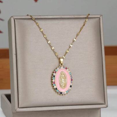 1 pieza Collar de Virgen María ovalado dorado, religioso vintage, esmalte rosa, material de cobre con circonia colorida incrustada, cadena de labios de acero inoxidable, regalo de joyería para volver a la escuela