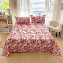 4 piezas Serie de cepillado suave, Juego de ropa de cama con estampado floral lindo (1 funda nórdica, 1 sábana plana, 2 fundas de almohada), Juego de ropa de cama estampado estilo Ins cómodo y sencillo, Adecuado para dormitorio, habitación de invitados y hotel