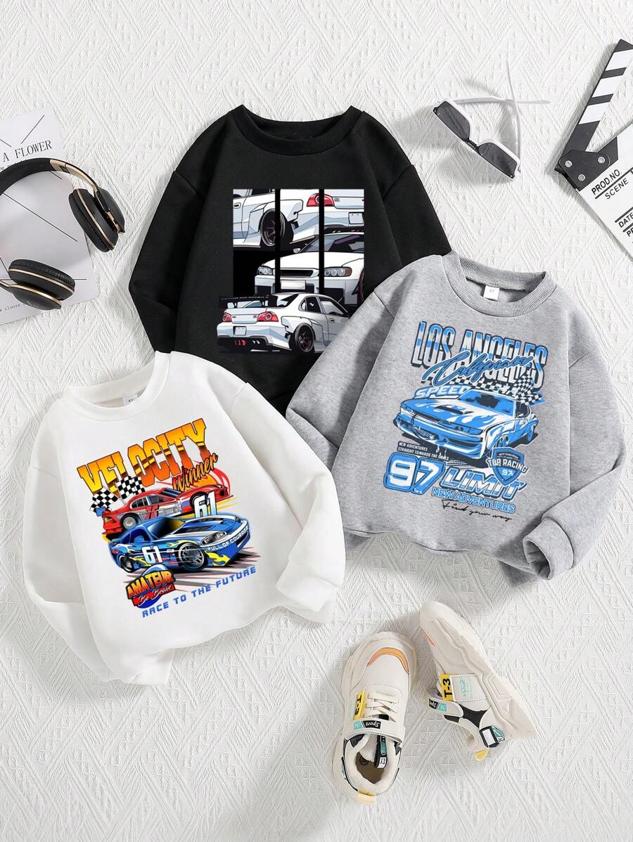 Young Boy 3pcs Car Pattern Printed Warm Crew Neck Sweatshirts - Multicolor - View 1