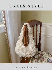 情人节椭圆形面料钩针花包女士晚宴手拿包新娘婚礼钱包派对舞会手工编织串珠仿珍珠半月形手提包﻿