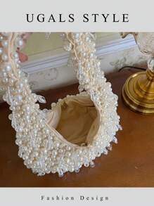 情人节椭圆形面料钩针花包女士晚宴手拿包新娘婚礼钱包派对舞会手工编织串珠仿珍珠半月形手提包﻿