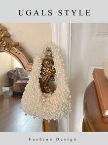 情人节椭圆形面料钩针花包女士晚宴手拿包新娘婚礼钱包派对舞会手工编织串珠仿珍珠半月形手提包﻿