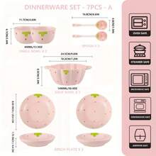 Juego de vajilla de cerámica con estampado de fresas rosas, 7 piezas, que incluye tazón, cuchara, plato - Adecuado para escuela, dormitorio, hogar, cocina, comedor, regalo de Navidad - Serie fresa rosa - Ver 8