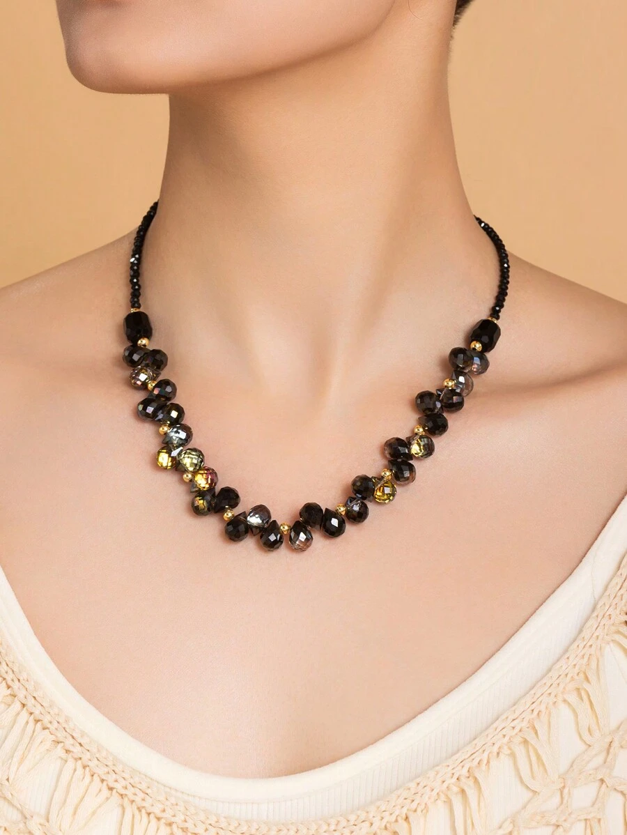 1 pieza Collar gargantilla tejido de cristal asimétrico iridiscente, collar de moda de diseño vintage para mujeres - Multicolor - Ver 1