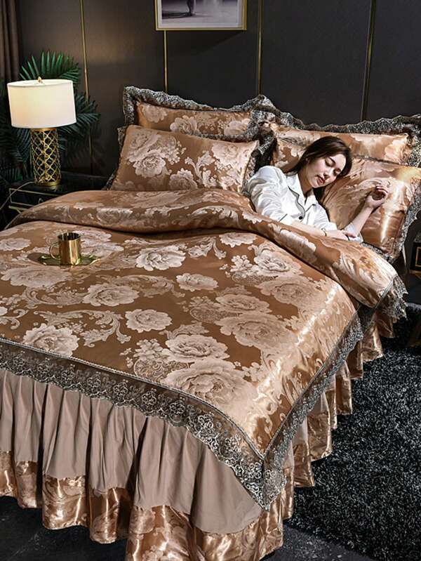 4pcs/Set European Jacquard Bedding Set (1pc Duvet Cover + 1pc Bed Skirt + 2pcs Pillowcases), Soft And Cozy Brushed Fabric, Anti-Fading And Anti-Bacterial, Suitable For Bedroom, Guest Room, Dorm, Fits All Seasons