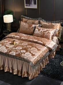 4 件套欧式提花床上用品套件（1 件羽绒被套 + 1 件床裙 + 2 件枕套），柔软舒适的拉绒面料，防褪色和抗菌，适用于卧室、客房、宿舍，适合所有季节