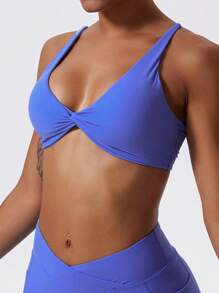 1件超柔软裸色透气吸湿瑜伽运动文胸，扭结胸型设计，工字背心式，女士户外运动休闲文胸 - 寶藍色 - 查看 4