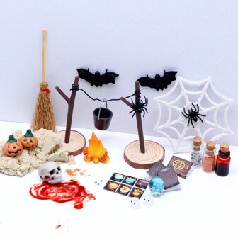 1 Set Halloween Doll House Miniature Scene, BJD Ghost Festival Pumpkin Decor Prop  Party Broom