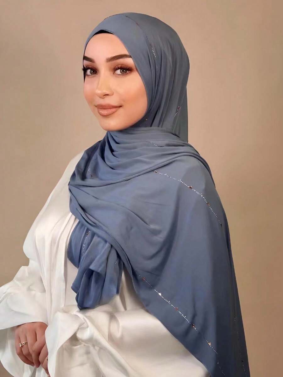 1 Piece Women's Hot Diamond Plain Jersey Soft Headscarf Arabic Casual Long Scarf Conservative Solid Color Headscarf Suitable For Daily Use - Dusty Blue - View 1