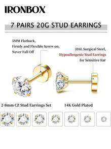 IRONBOX 1 Bông tai lưng phẳng không gây dị ứng 20G dành cho nữ Bạc Bông tai thép không gỉ vàng 14K Brithstone Cubic Zirconia Studs Bông tai sụn thép phẫu thuật cho tai nhạy cảm - Vàng - Xem 2