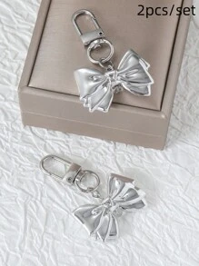 2pcs Metal Bowknot Knot Key Chain, Stylish Silver Unisex Gift For Couple & Friends - Silver - View 4