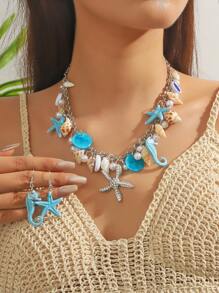 1 pieza Collar de cuentas de conchas marinas de estilo boho, joyería de mujer para viajar, fiesta en la playa, vacaciones casuales, collar versátil de perlas y conchas marinas - Collar cadena plata concha azul - Ver 13