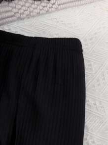 2 件套年轻女孩休闲针织纯色长袖上衣，带褶皱蕾丝和串珠细节和纯色裤子，春秋季 - 黑色 - 查看 5