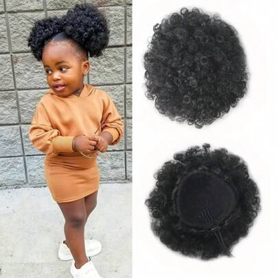 Short Afro Puff Synthetic Children Hair Bun Curly Chignon Hairpiece For Children Girls Drawstring Ponytail Kinky Updo Clip Hair Extensions Easy Wear Curl Bun Hair Bun Extension Wig Ponytail Extension Draw Rope Ponytail Extension