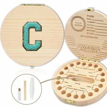 创意首字母木质牙齿收纳盒木质牙盒脐带牙齿收集盒婴幼儿纪念品盒刺绣字母A到Z - 杏色 - 查看 53